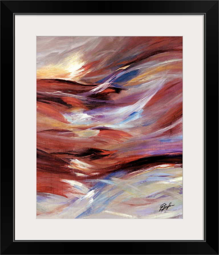 Vertical, oversized artwork for a living room or office of horizontal, wavelike brushstrokes in warm tones that meet rough...