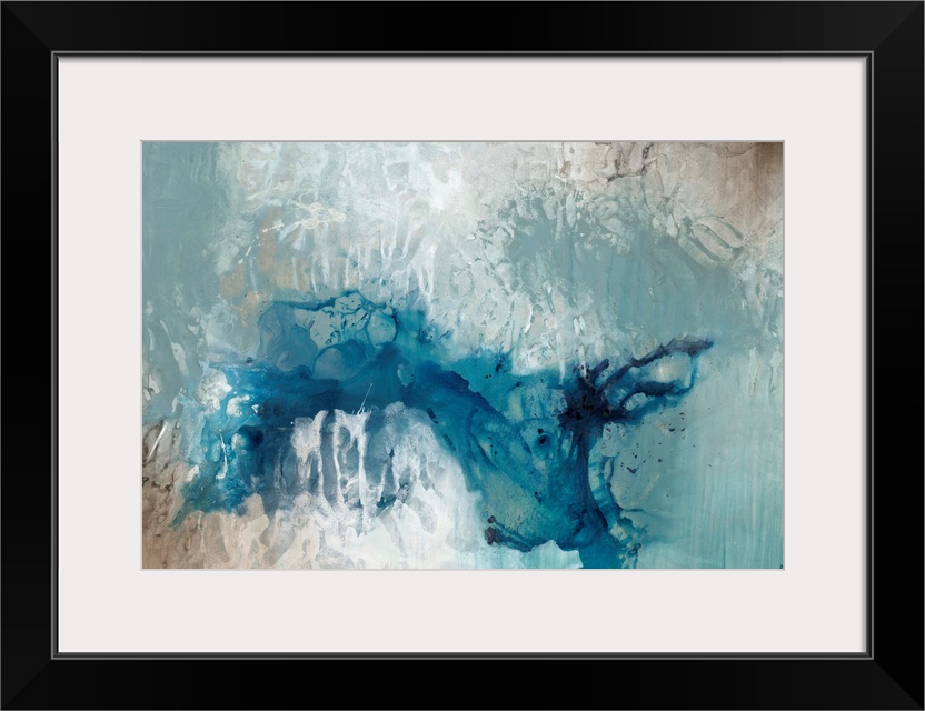 Abstract painting dark teal splattered against a pale blue toned background.