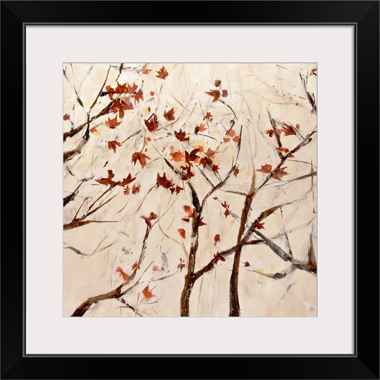 Contemporary painting of several thin branched trees with scattered fall leaves.