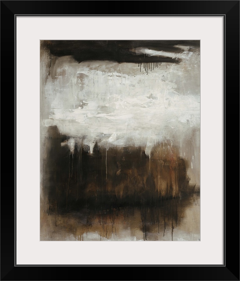 Abstract painting of a dark rectangular mass interrupted at the top by a light cluster of white brushstrokes, each color t...