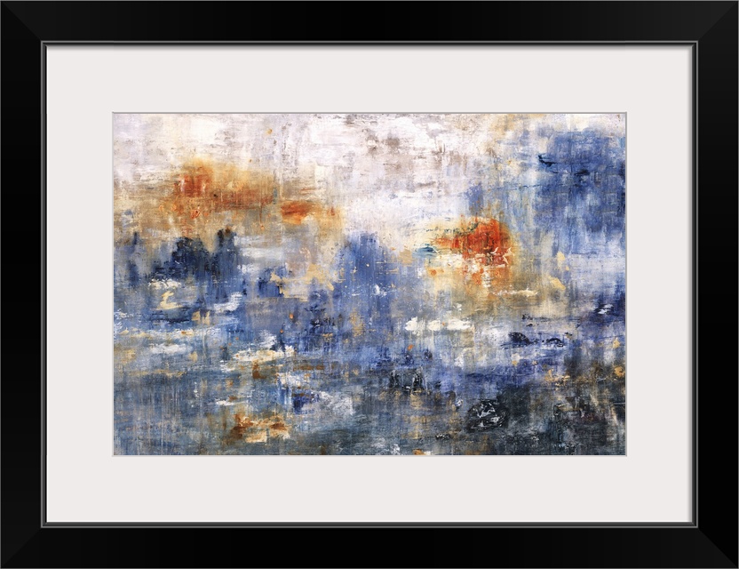 Large abstract art with shades of blue, orange, and gray.