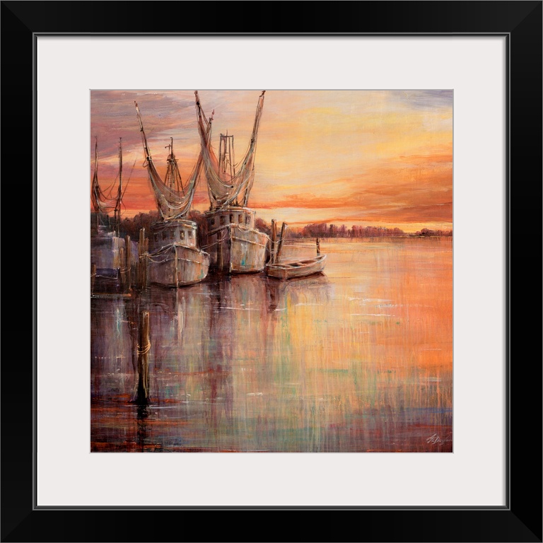 Painting of old sailboats docked at sunset under a colorful cloudy sky.