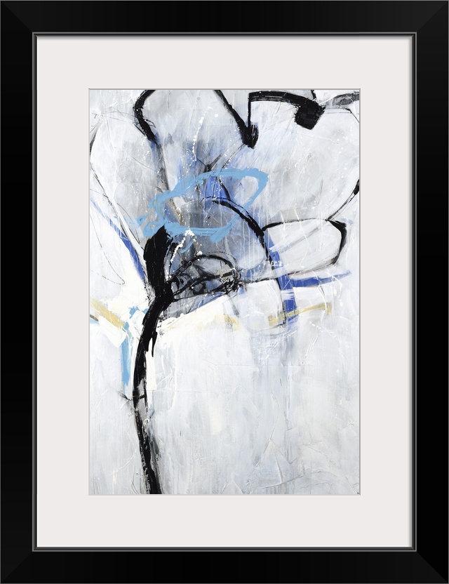 An abstract floral painting with colors of blue and yellow along with the light gray background.