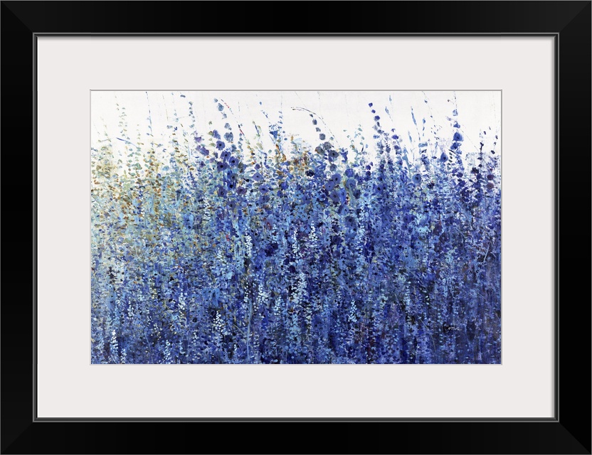 A thick mass of tall wildflowers and grasses in shades of blue and indigo against a white background. Painted in a casual,...