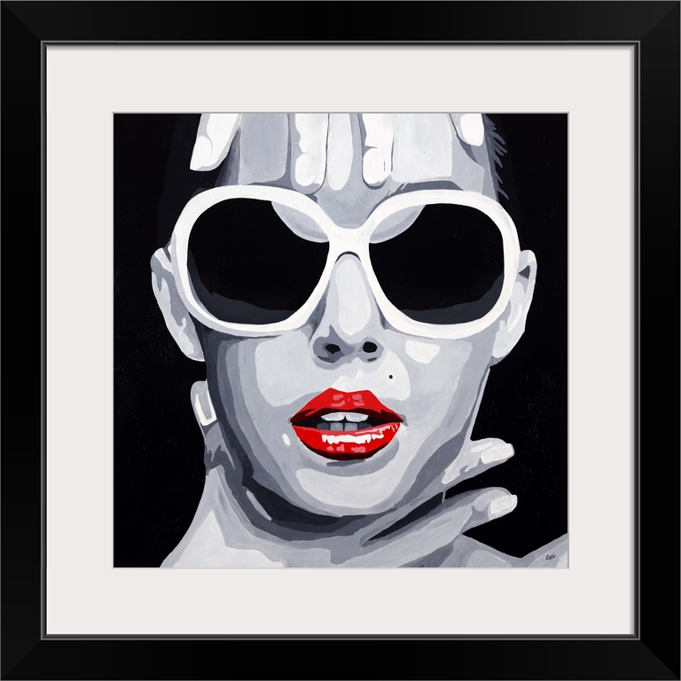 Contemporary pop artwork of a woman's face with large sunglasses, framed by her hands.