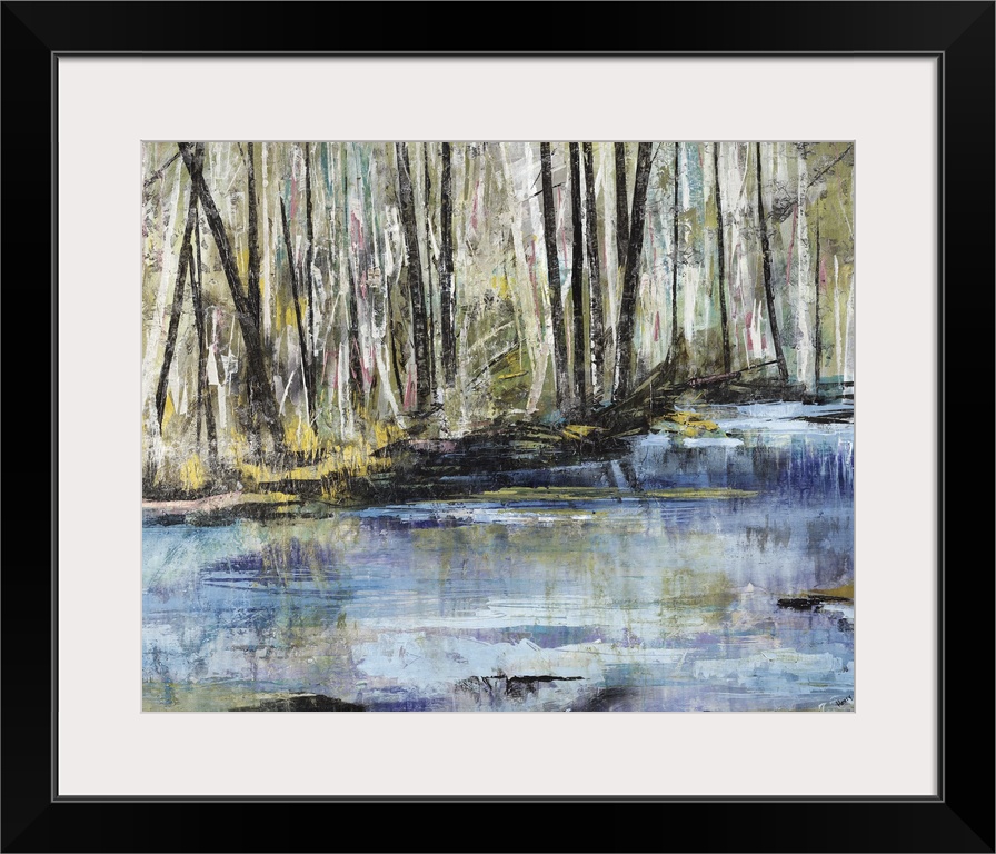 Horizontal painting of a river flowing through a forest.