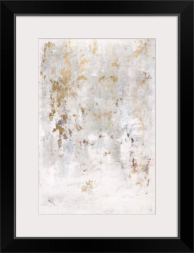 Metallic gold splotches on a silver and white background with tiny hints of color throughout.