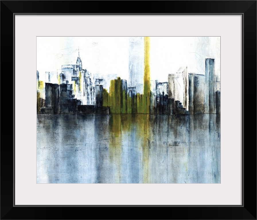 Contemporary abstract painting using dark colors to convey a city skyline.