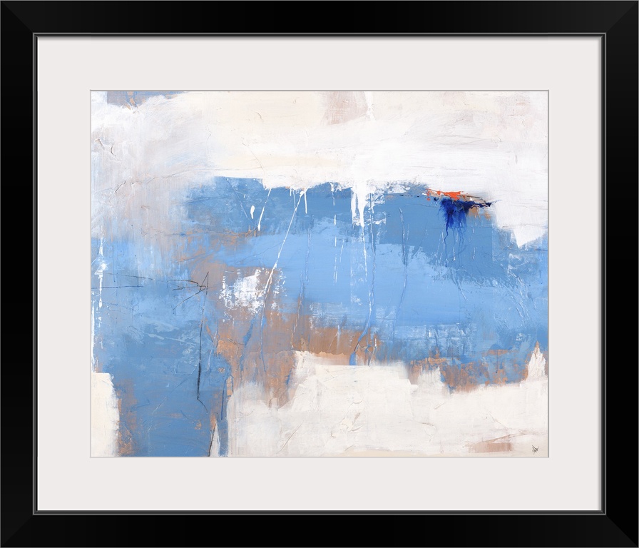 Large abstract painting with layered shades of blue and brown on a white and cream background with a few swipes of bright ...