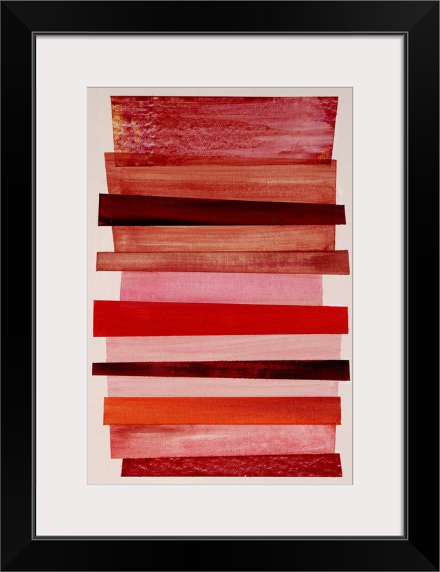 Geometric abstract painting that has an off-white background and a mixture of red and pink differently sized rectangles st...