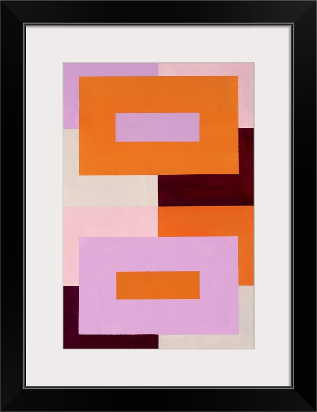 Geometric abstract painting that has a background made out of colorful squares and two large rectangles on top with a skin...