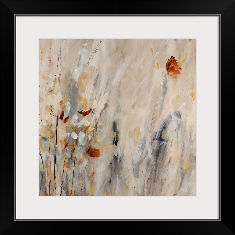 Vertical wall art that gives the impression of flowers and plants in a square abstract painting made with neutral and eart...