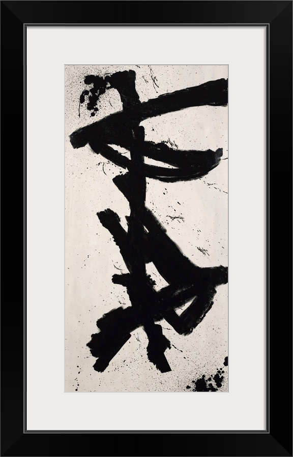 Contemporary abstract painting of bold black aggressive strokes resembling Oriental script characters against a neutral ba...