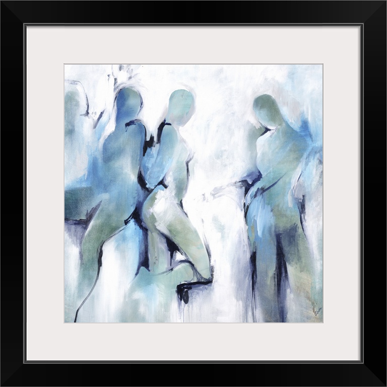 An abstract painting of shapes of people in black lines and blue brush strokes.