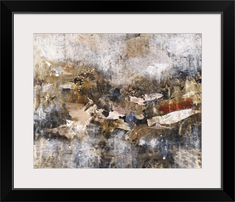 Contemporary abstract painting using weathered and decayed textures and dark colors.