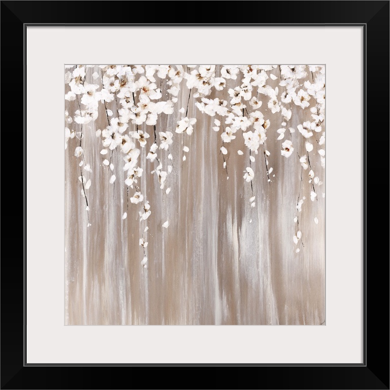 Contemporary abstract painting resembling white flowers falling down through golden lines.
