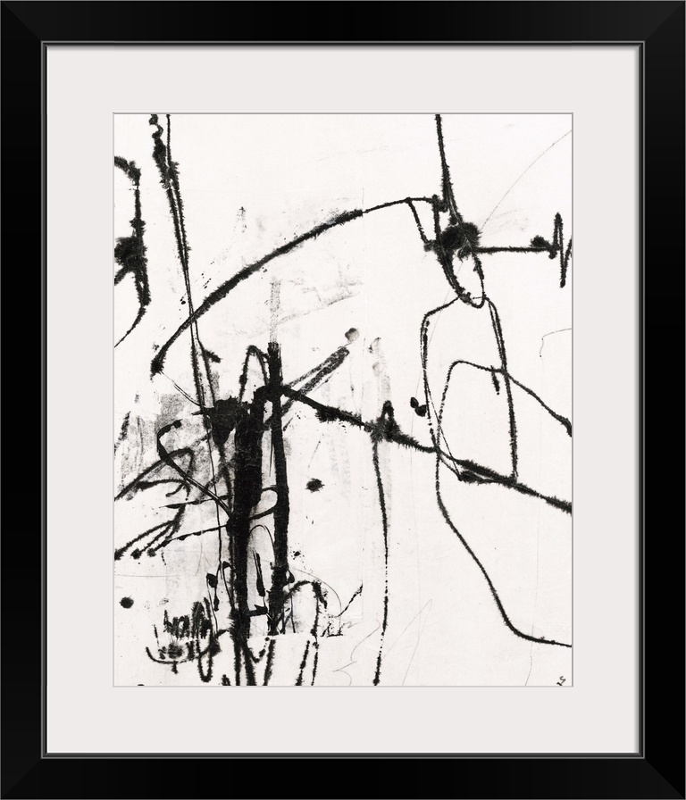 Contemporary abstract painting of black painted lines against a white background.