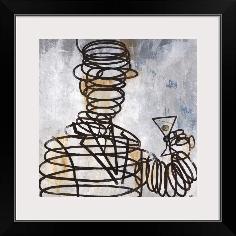 Contemporary painting of a male figure comprised of metal springs, holding a martini.