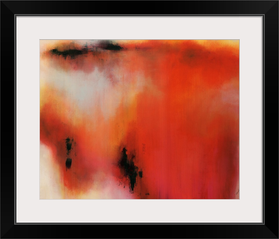 Landscape, abstract painting of a large, misshapen splotchy area in fiery tones, with several small dark spots, that gradu...