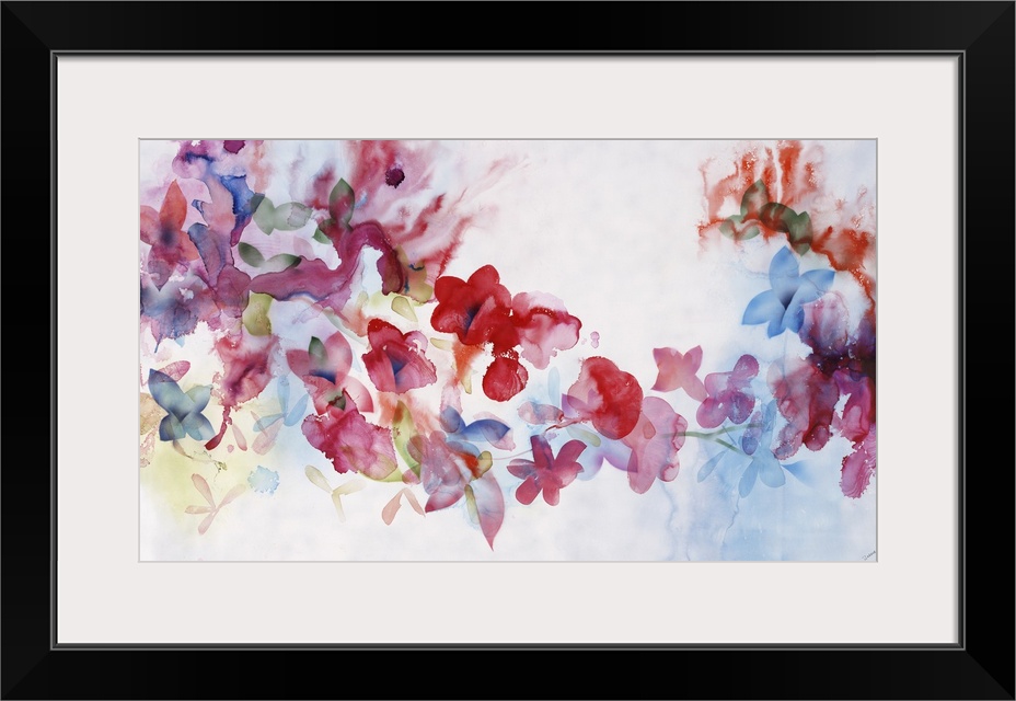 Large horizontal artwork of colorful flowers of red, pink and blue fading into the white background.