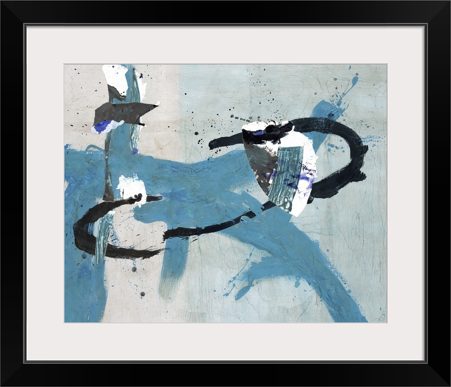 An alluring painting of free flowing curved lines in blue and black with white accents.