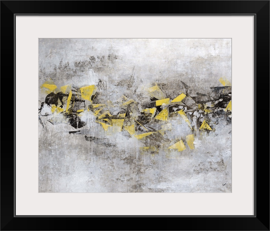 Contemporary abstract painting using neutral gray tones with a horizontal movement of color in a pale yellow green.