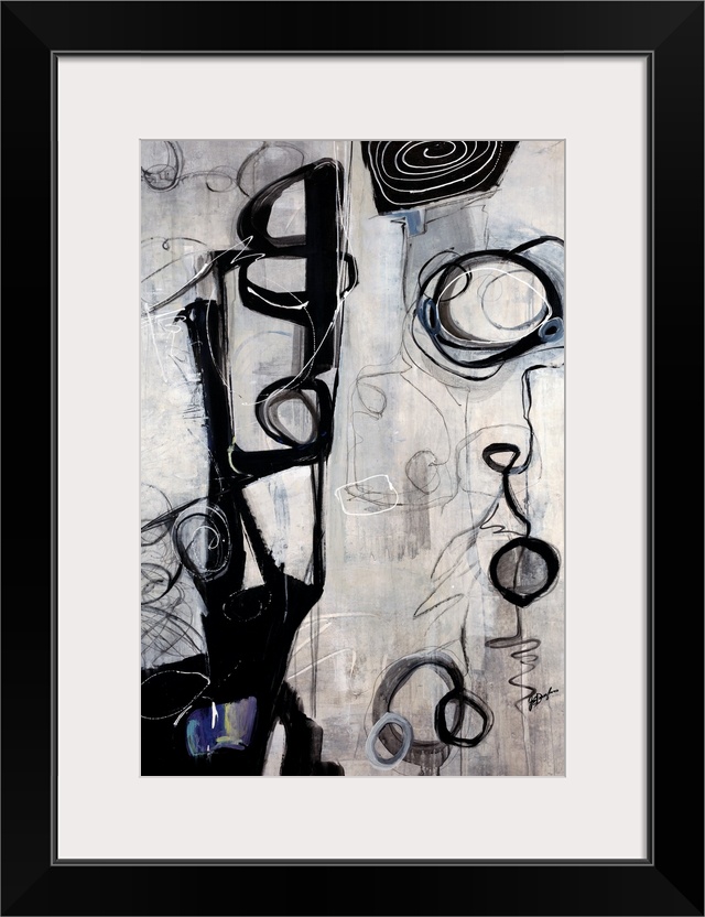 Vertical oversized contemporary artwork of dark swirling circular shapes and scribbles on a streaky background of light, n...