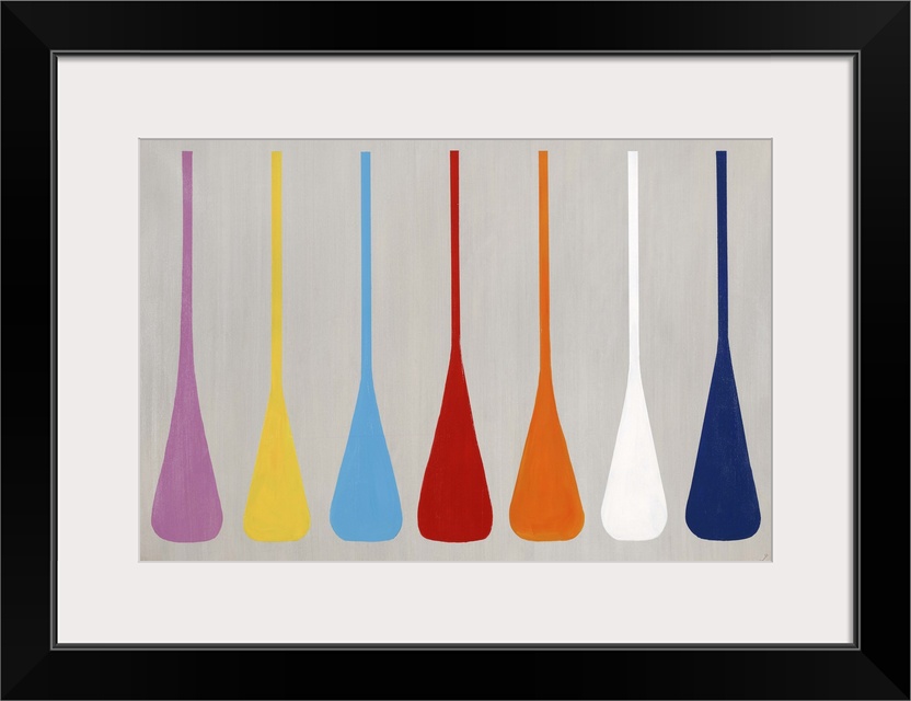 Modern art of a row of similar multicolored shapes that resemble boat paddles, on a light, neutral background.