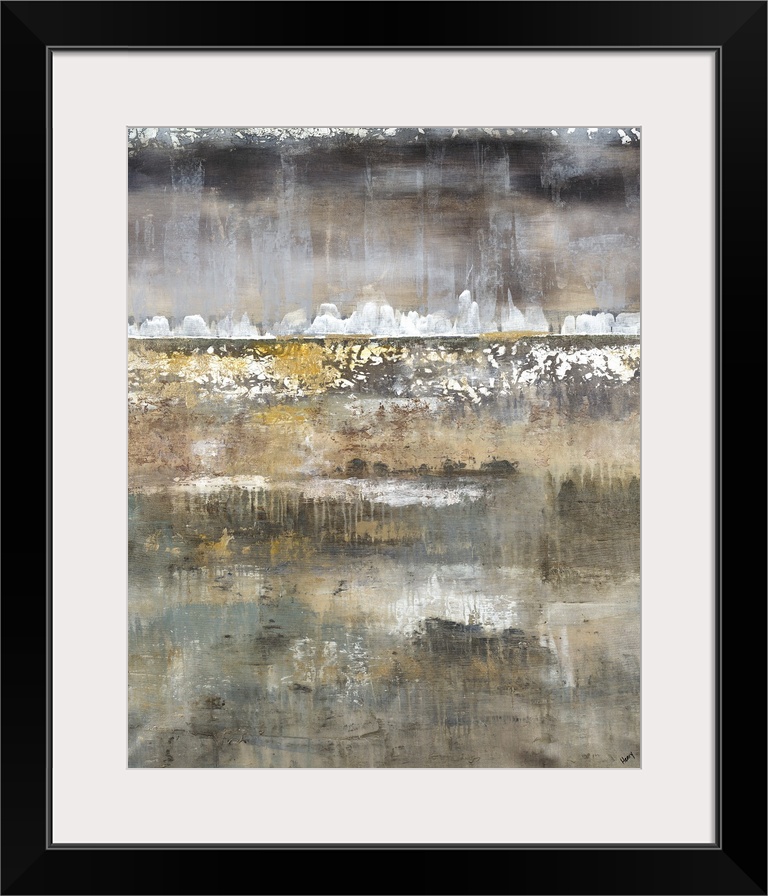 Layered contemporary abstract painting with gold, brown, white, and gray hues.