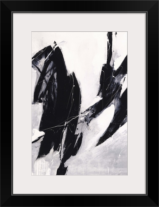 Contemporary abstract painting using dark bold lines against a neutral toned background.