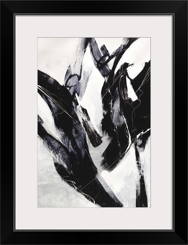 Contemporary abstract painting using dark bold lines against a neutral toned background.