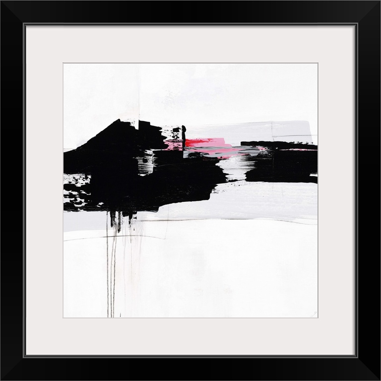 Contemporary abstract painting using bold black swipes with hints of pink against a white surface.