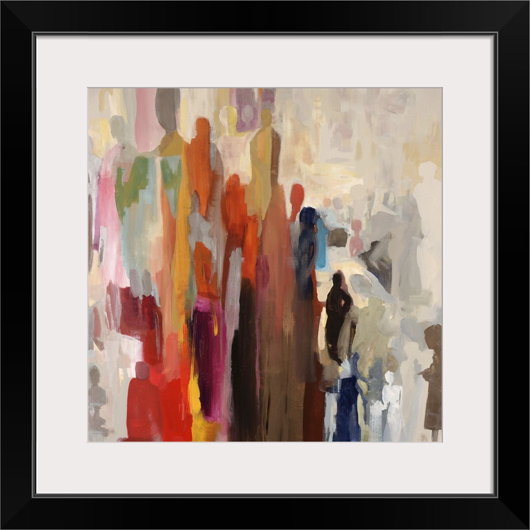 Abstract painting of large cluster of human silhouettes in various sizes and colors, occasionally overlapping, melding tog...