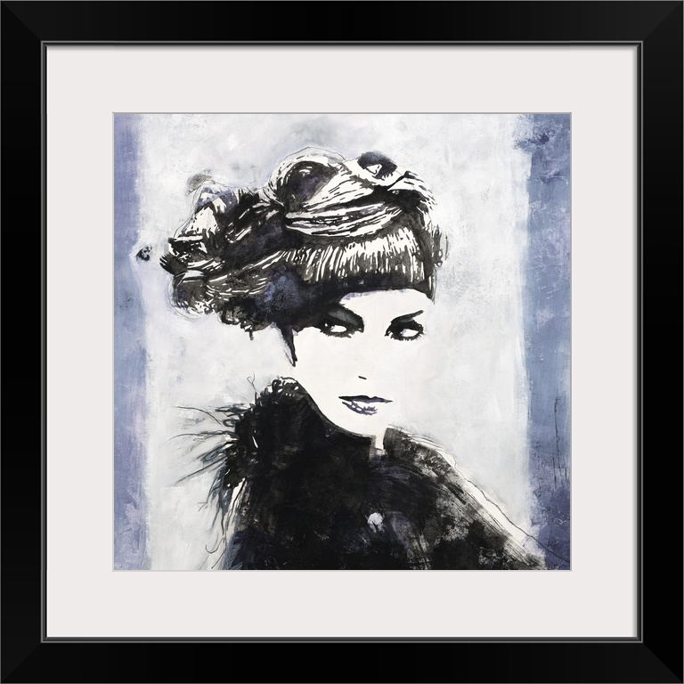 Square art with a black and white illustrated woman wearing a fancy hat on a white and indigo striped background.