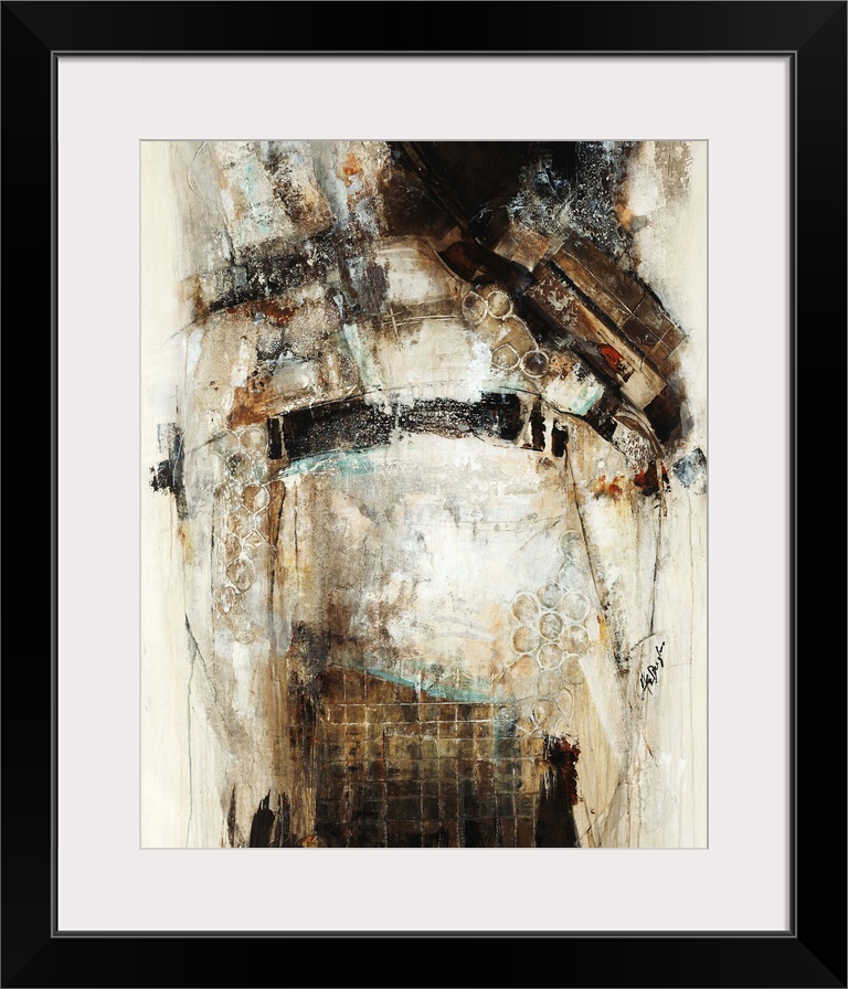 Contemporary abstract in contrasting shades of black and pale colors.