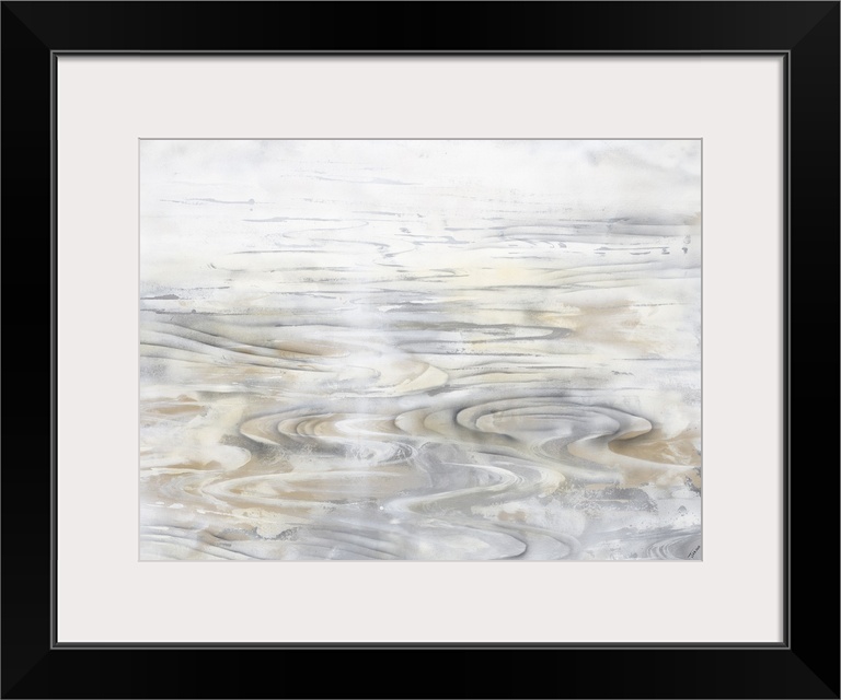Contemporary artwork of faint ripples in a body of water in tones of gray and brown.