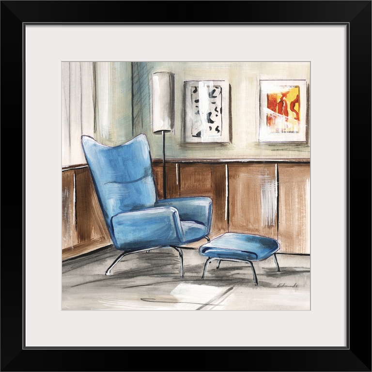 Contemporary artwork of a stylish chair in a home with mid century decor.