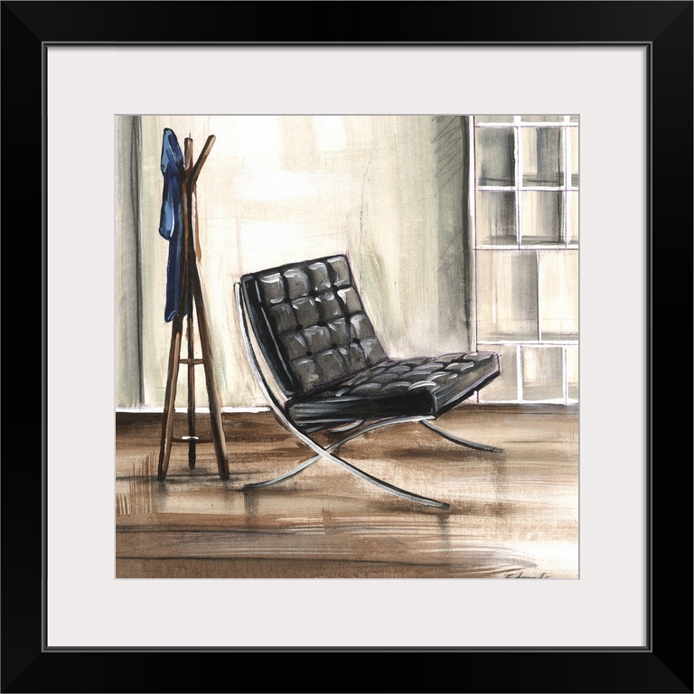 Contemporary artwork of a stylish chair in a home with mid century decor.