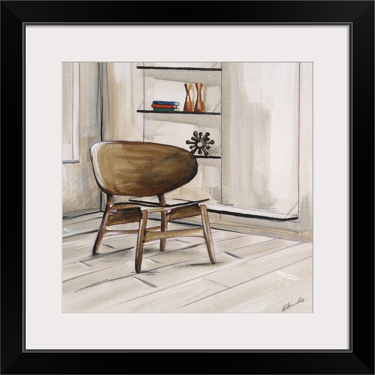 Contemporary artwork of a stylish chair in a home with mid century decor.