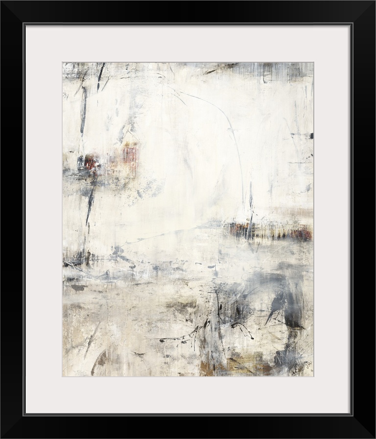 A vertical painting of washed colors of gray and brown with dripped paint textures and swirled brush strokes.