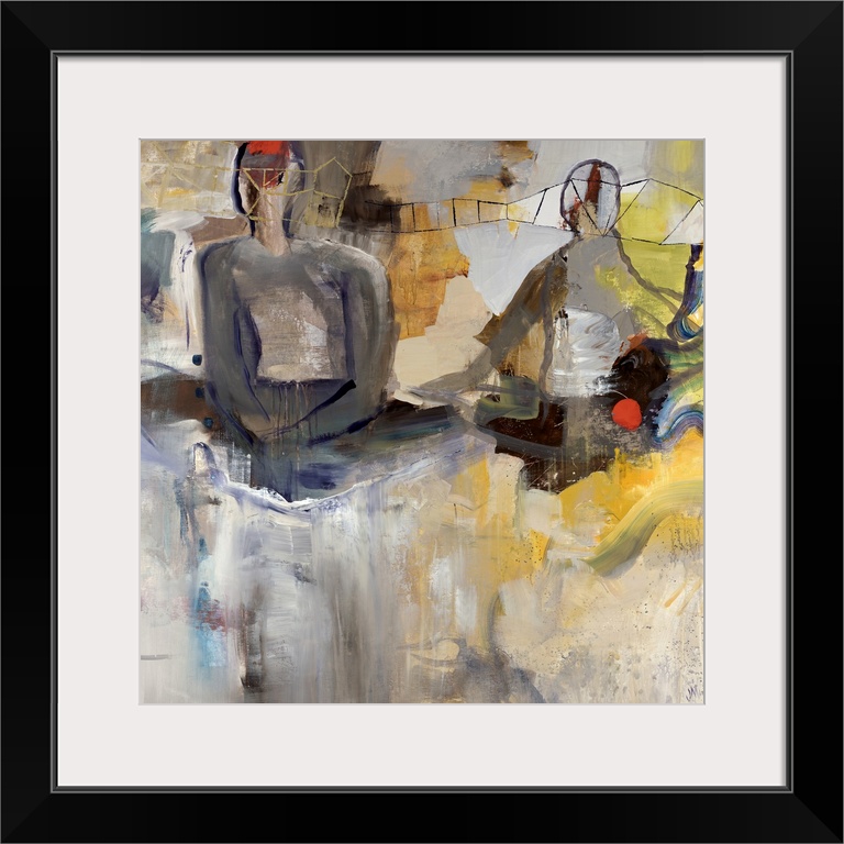 Square abstract painting on canvas of two figures sitting with various colors of paint brushed around them.