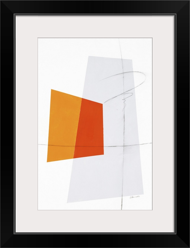 Large geometric abstract painting in shades of orange and gray with thin, black, squiggly lines on top.