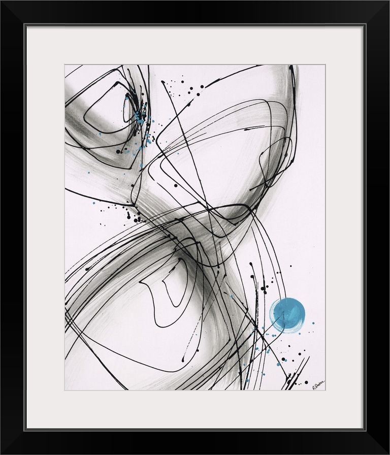 Abstract painting using thin black lines to create soft geometric shapes, with a little blue circle towards the bottom of ...