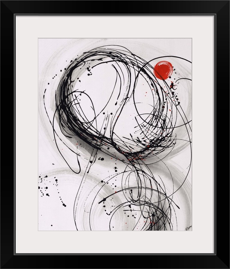 Abstract painting using thin black lines to create organic shapes, with a little red circle towards the top of the image.