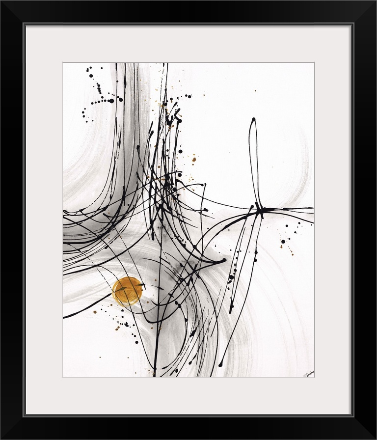 Abstract painting using thin black lines to create fluid movement, with a little gold circle towards the bottom of the image.