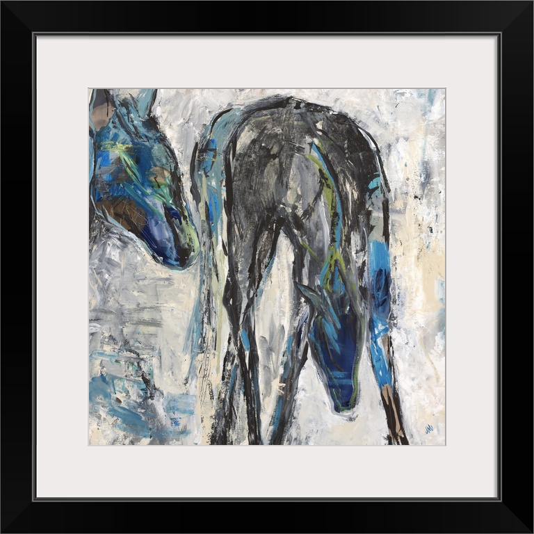 Contemporary painting of two horses in shades of blue and black.
