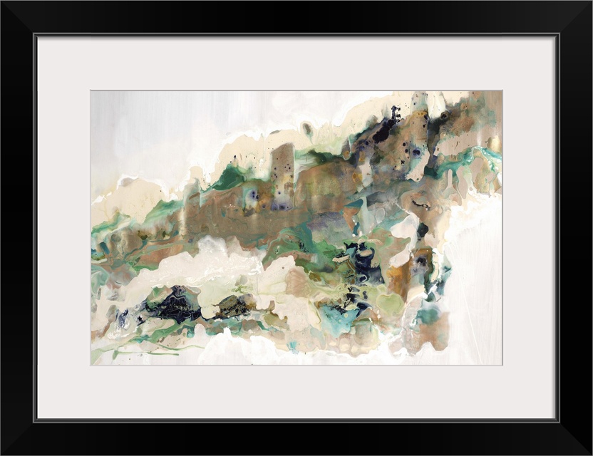 Contemporary abstract painting with brown and emerald shades on white.