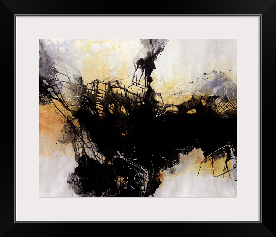 Contemporary abstract artwork featuring splatters and drips of paint intersecting between light and dark areas.