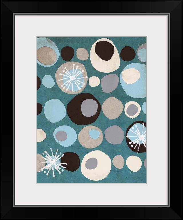 Abstract painting with a mid-century feel using organic shapes in different colors to create obscure patterns.