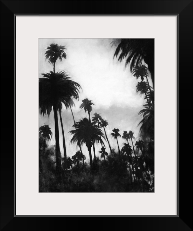 A black and white contemporary painting of a tree line of palm trees against of cloudy sky.